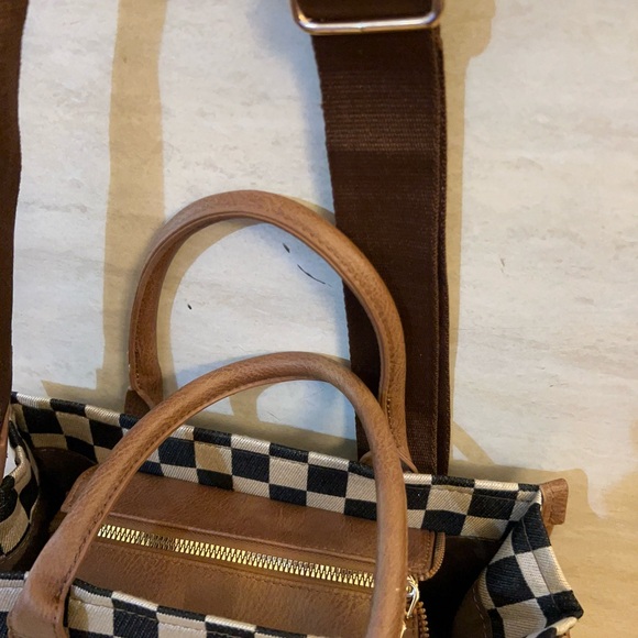 Elegant Canvas Checkered Crossbody with Top Handles Tan Leather - Picture 11 of 12